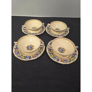 Crown Ducal "Florentine" Cream Soup Bowls with Underplates – Set of 4